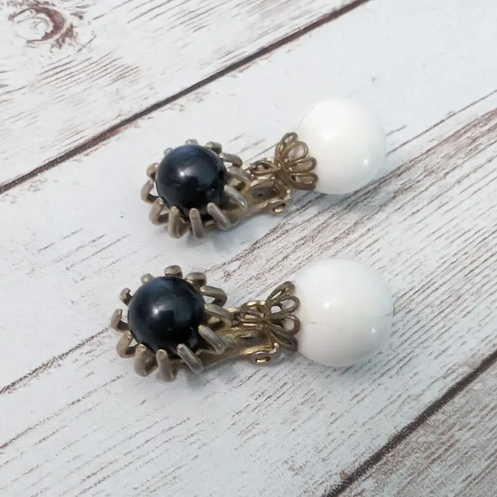 Vintage Clip On Earrings Large Chunky Black and Off White Dangle